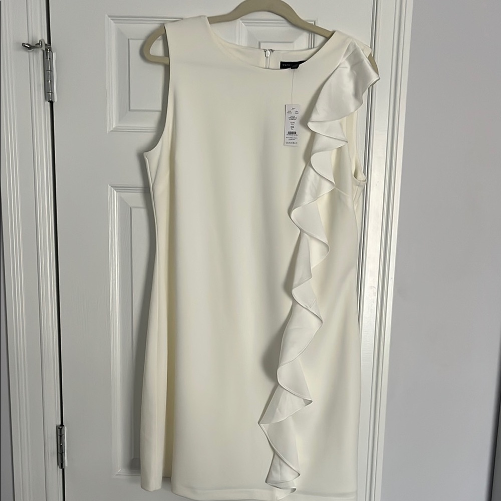 White House Black Market Cream Asymmetrical Ruffled Sheath Dress